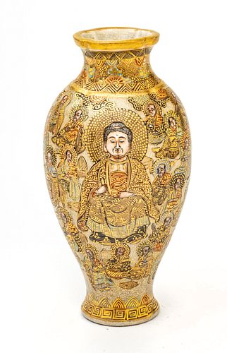 Japanese Satsuma Pottery Vase, Signed C. 19th.c., Buddha With Lohan, H 5.7''