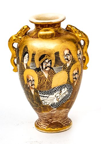 Japanese Satsuma Moriagi Pottery Vase, Dragon Handles, Signed C. 19th.c., H 5''