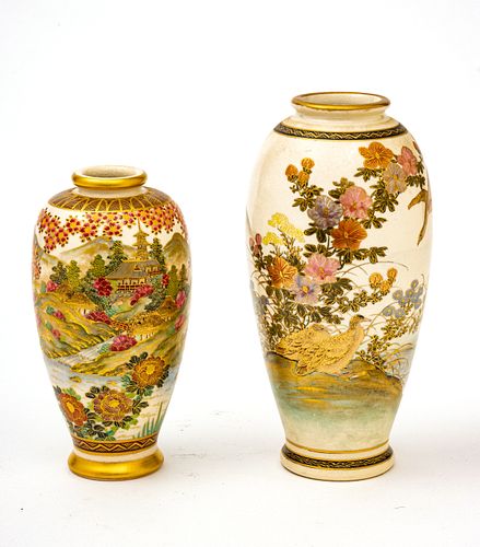Japanese  Satsuma Pottery Vases, Signed Shozan C. 19th.c., 6", 8", Finely Decorated 2 pcs