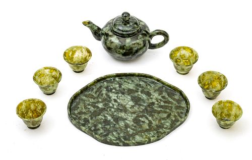 Chinese  Green Jade Carved Tea Set With Tray C. 1940, 8 pcs