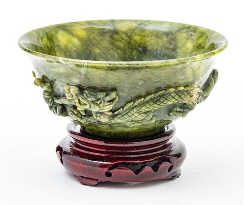 Chinese Green Jade Bowl, Dragon Carved In Relief C. 1900, H 2.7'' Dia. 6''