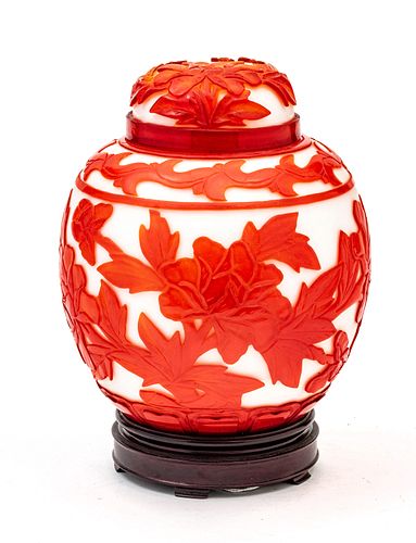 Chinese Pekin Glass Ginger Jar, Red On White C. 1900, H 11''