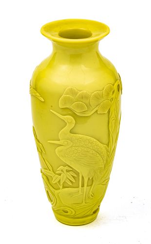 Chinese  Pekin Yellow Glass Vase, Carved Crane Design C. 19th.c., H 12''