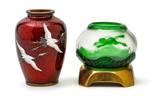 Chinese  Pekin Glass Miniature Coupe And Japanese Cloisonee Vase 2 pcs