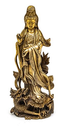 Chinese  Gold Bronze Quan Yin, Dragon At Feet C. 19th.c., H 18'' W 6''