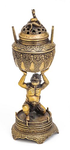 Chinese  Bronze Censer, Dragon Finial, Figural Base C. 19th.c., H 12''