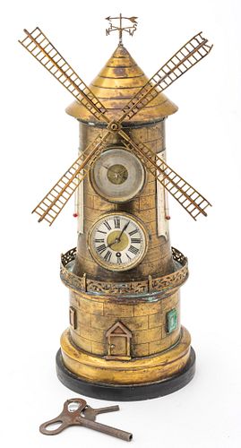 French Brass Unique  Windmill Clock, With Key  1860, H 16.5''