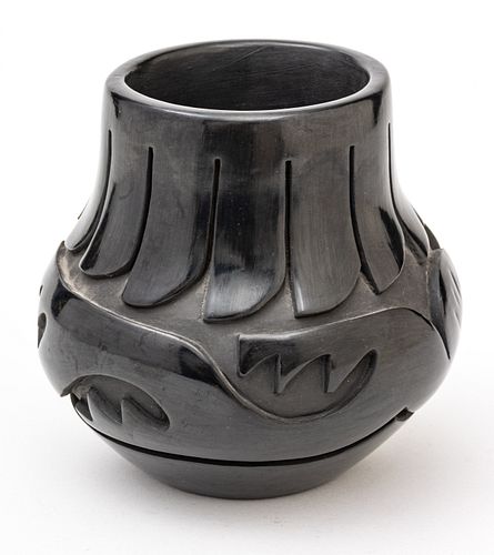 Phyllis Tafoya, Santa Clara Pueblo  Black-ware Pottery Vase C. 1960, H 6.5'' Dia. 6.5''