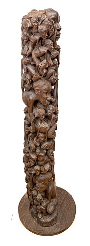 Tanzanian Carved Ujamaa, Stacked Figures H 47'' Dia. 10''