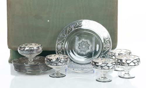 Sterling Over Crystal Dessert Compotes (7)and Plates (6) C. 1920,