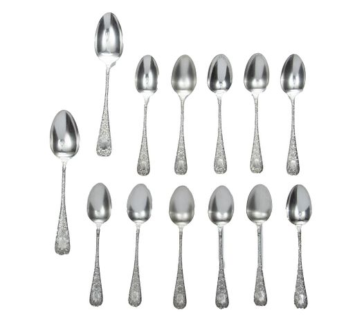Whiting Gorham  Sterling Silver Soup Spoons C. 1882, "Antique, Chased", L 7'' 22.9t oz 13 pcs