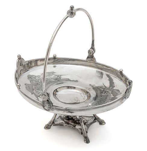 Aesthetic Movement, SIlver Plate Centerpiece Basket With Hound  1850, H 6'' W 10.5'' Depth 8.5''