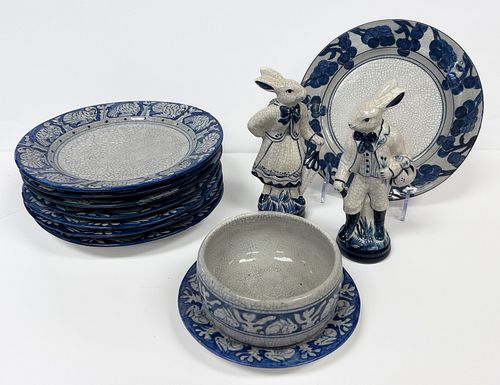 Dedham Pottery, 2 Rabbit Figures, 9 Plates (Bunny, Duck, Turkey) H 7'' 11 pcs