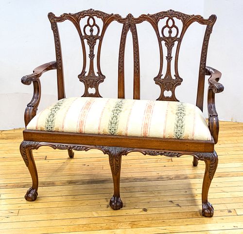 Chippendale Style Mahogany Chairback Settee C. 1940, H 40'' W 43'' Depth 19''