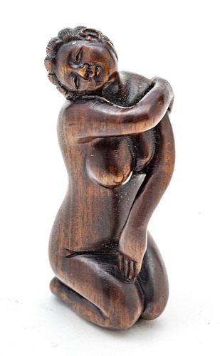 Japanese  Carved Wood Netsuke, Seated Nude Female H 2.5''
