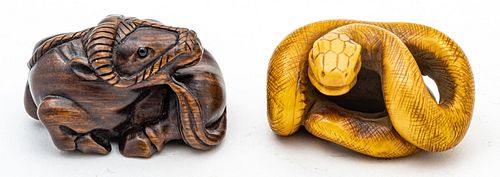 Japanese Signed  Carved Wood Netsukes, Water Buffalo And Coiled Snake C. 19th.c., 2 pcs