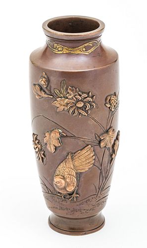 Japanese  Bronze Vase, Flowers In Relief, Gold Highlights C. 19th.c., H 5''