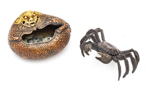 Japanese  Bronze Censer, Finely Gilded, Also Bronze Crab H 2.7'' W 4'' L 5'' 2 pcs