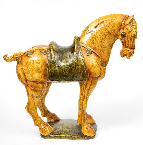 CHINESE EARTHENWARE TANG HORSE, 20TH C., H 32", W 12", L 35" 