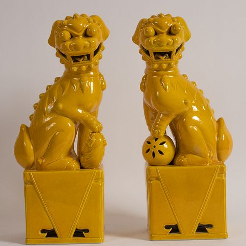 CHINESE YELLOW GLAZE PORCELAIN FOO DOGS, 20TH C., PAIR, H 17", W 7", D 4 1/2" 