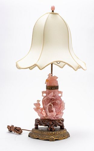 CHINESE ROSE QUARTZ LAMP, C. 1900, H 29", W 10"