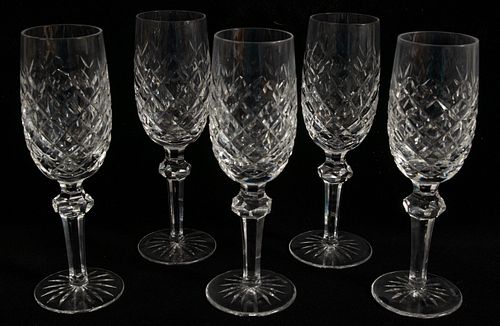 WATERFORD POWERSCOURT CRYSTAL FLUTED CHAMPAGNES, FIVE PIECES, H 8 1/8", DIA 2 7/8" 