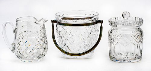 WATERFORD CRYSTAL ICE BUCKET, PITCHER AND COVERED JAR, THREE PIECES, H 6 1/4" TO 7" 