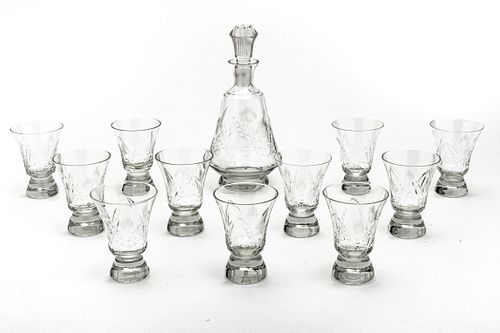 HAND CUT CRYSTAL DECANTER AND 11 WINE GLASSES, H 10", 4.5" 