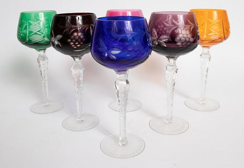 BOHEMIAN MULTI-COLOR CUT TO CLEAR CRYSTAL WINE GOBLETS, SIX PIECES, H 8", DIA 3 1/4" 