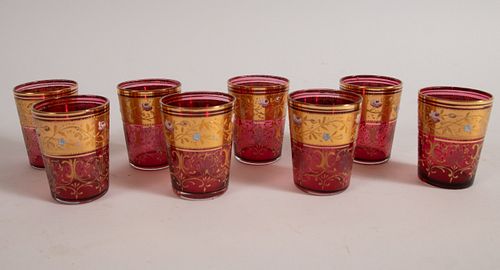 MOSER CRANBERRY GLASS CORDIALS, C. 1900, EIGHT, H 2 3/4", DIA 2 1/8" 