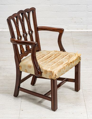 CARVED MAHOGANY CHILDS ARM CHAIR H 24" W 16" D 13.25" 