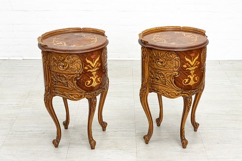 FRENCH STYLE WALNUT AND SATINWOOD TWO DRAWER TABLES, PAIR H 29" D 18" 