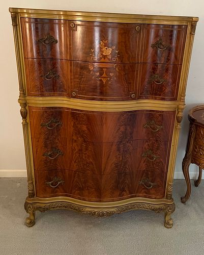 WALNUT AND SATINWOOD FRENCH STYLE CHEST OF DRAWERS, C 1930 H 53" W 40" D 20" 