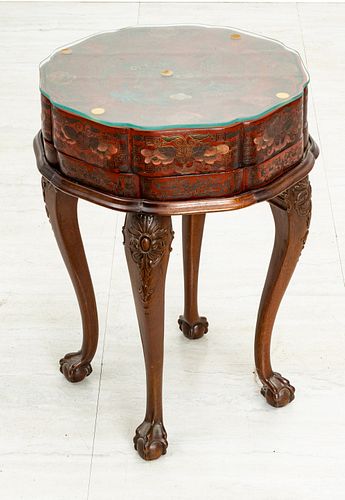 CHINOISERIE DECORATED RED LACQUER AND MAHOGANY SIDE TABLE, H 24", DIA 16" 
