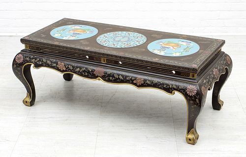 CHINESE BLACK LACQUER WITH THREE INSET CLOISONNÉ COFFEE TABLE, 20TH C., H 18", W 24", L 50" 