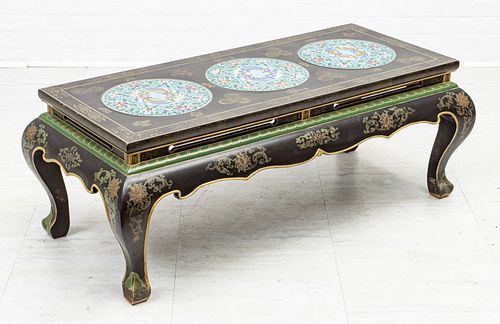 CHINESE LACQUERED WOOD & CLOISONNE TABLE, C. 1930, H 17", W 48"