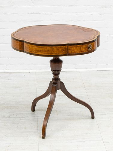 TOOLED  LEATHER AND MAHOGANY SCALLOP EDGE TABLE C 1940, H 28" D 26" 