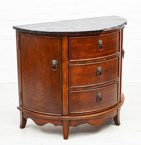 MARBLE TOP & MAHOGANY DEMILUNE CHEST OF DRAWERS, H 36", W 42"