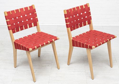 KNOLL STUDIO, JENS RISOM MID CENTURY STYLE RED BELT & PINE CHAIRS, PAIR, H 31", W 18", D 18" 