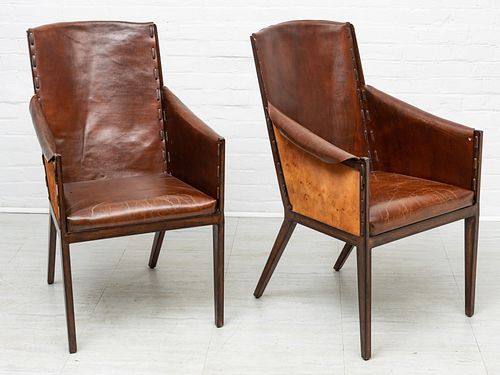 LEATHER ARMCHAIRS, PAIR, H 40", W 24"