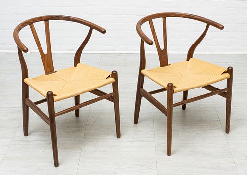 DANISH STYLE ROSEWOOD & CANE ARMCHAIRS, PAIR, H 29", W 22"