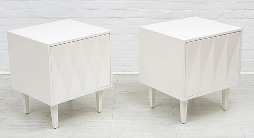 MID CENTURY STYLE BEDSIDE TABLES, PAIR, H 25", W 22" 