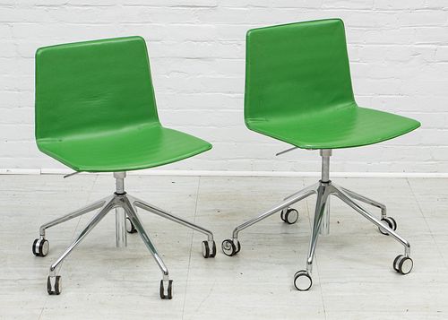 ANDREU WORLD GREEN LEATHER OFFICE CHAIRS, PAIR, H 31", W 20" 