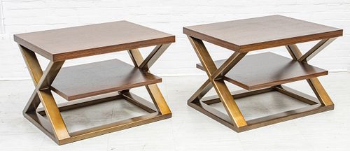 CONTEMPORARY BRUSHED STEEL & TEAKWOOD SIDE TABLES, PAIR, H 26", W 38" 