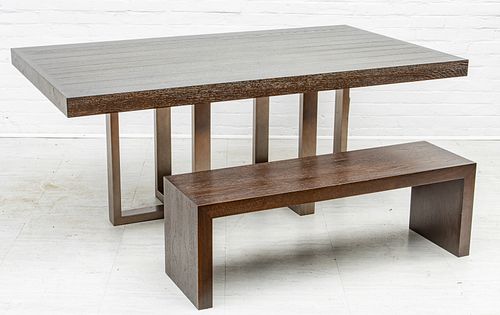 CONTEMPORARY TEAKWOOD & STEEL TABLE & BENCH, 2 PCS, H 28", W 42", L 72" (TABLE) 