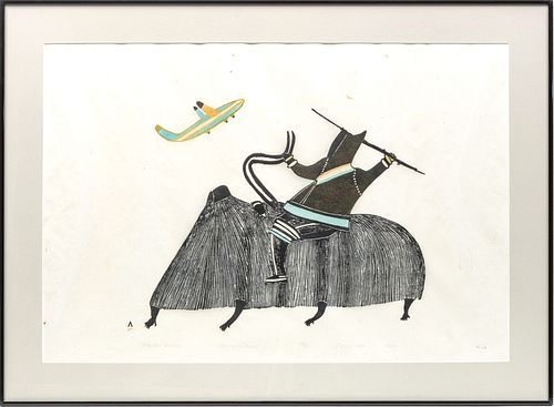 PUDEO (INUIT, CAPE DORSET) STONECUT, STENCIL ON PAPER, 1983, H 18", W 23", "MOUNTED HUNTER" 