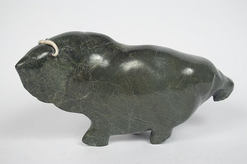 INUIT STYLE CARVED STONE STANDING OX, H 8", L 13"