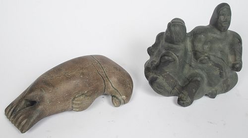 INUIT STONE SCULPTURES, 2 PCS, H 3"-7", SEAL & SEATED FIGURES 