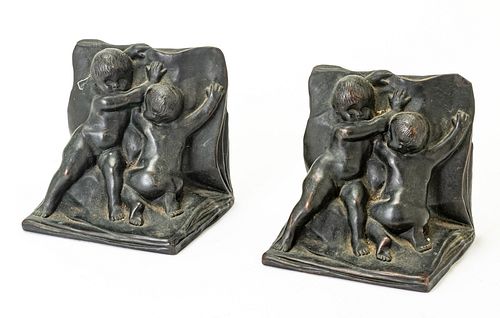 BRONZE  BOOKENDS, C 1900 H 4.7" W 5" TWO BABIES 
