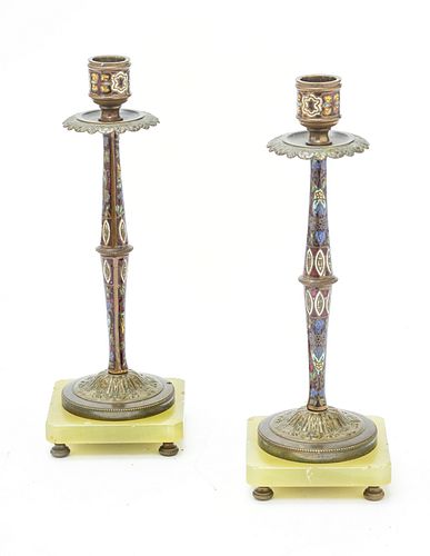 FRENCH CANDLESTICKS, BRONZE, CHAMPLEVE  AND ONYX 19TH C PAIR H 11", W 4" 